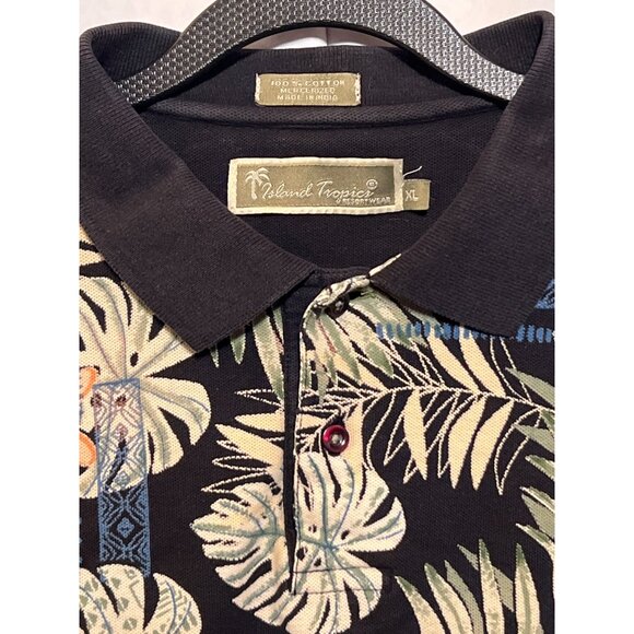 Island Tropics Leaf Print Polo Shirt XL Black Orange Green Short Sleeve Mens Cot - Picture 7 of 8